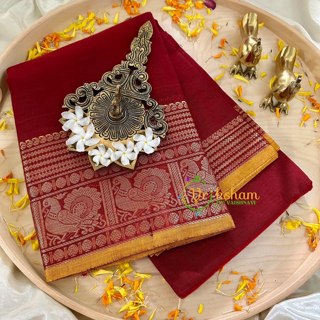 Maroon Red Kanchi Cotton Saree - Handloom -VS1142