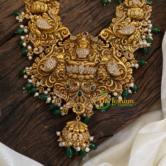 Gold Look Alike Lakshmi Pendant Short Neckpiece-Green bead-G9615