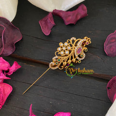 AD Stone Gold Saree Pin -Dress Pin -Gold Brooch -Peacock-G8892