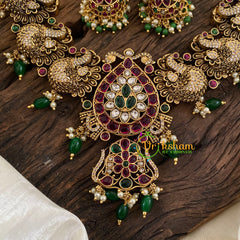 Gold Look Alike Peacock Pendant Short Neckpiece-Green bead-G9660