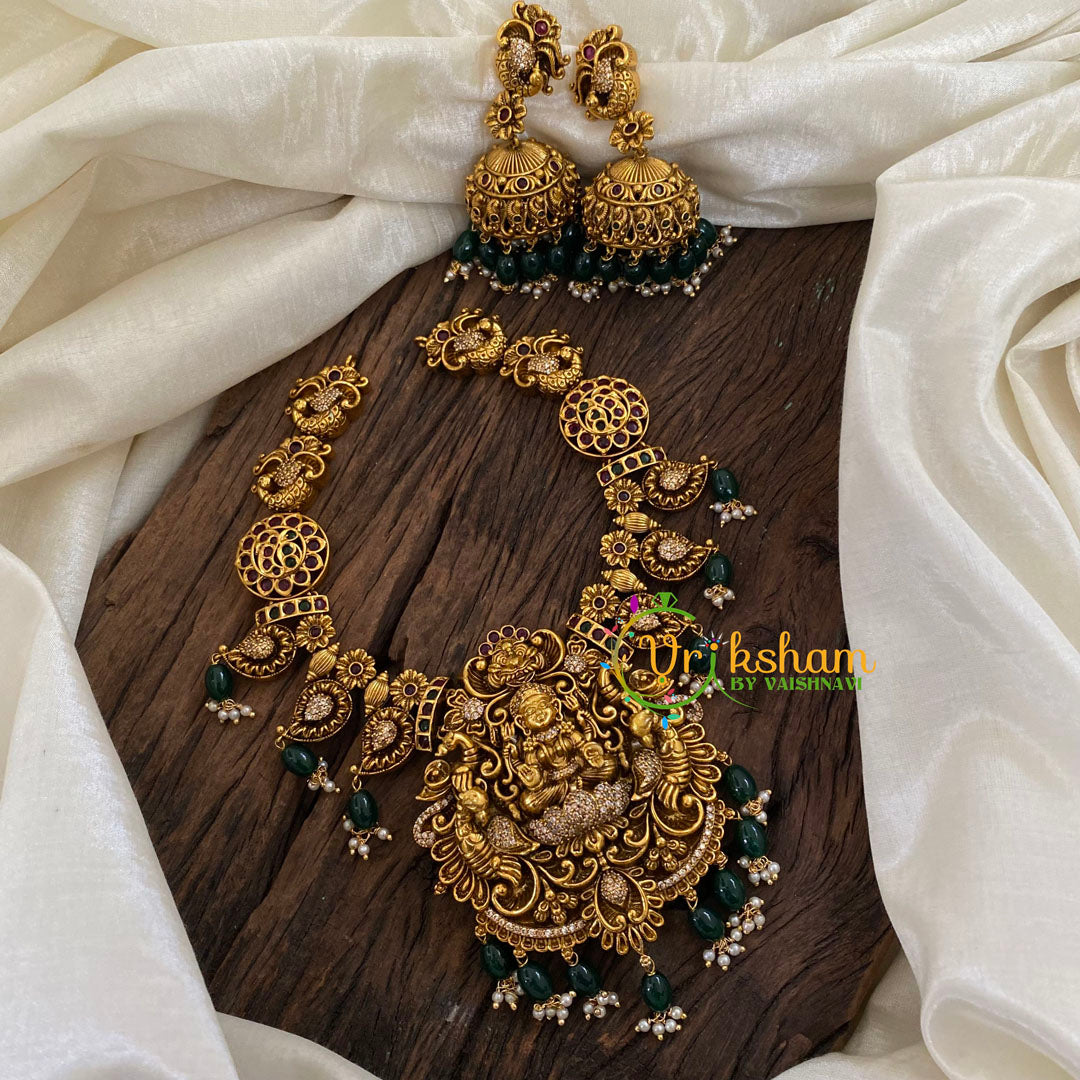 Gold Look Alike Lakshmi Pendant Short Neckpiece-Green bead-G9613