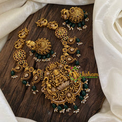 Gold Look Alike Lakshmi Pendant Short Neckpiece-Green bead-G9613