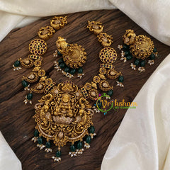 Gold Look Alike Lakshmi Pendant Short Neckpiece-Green bead-G9613