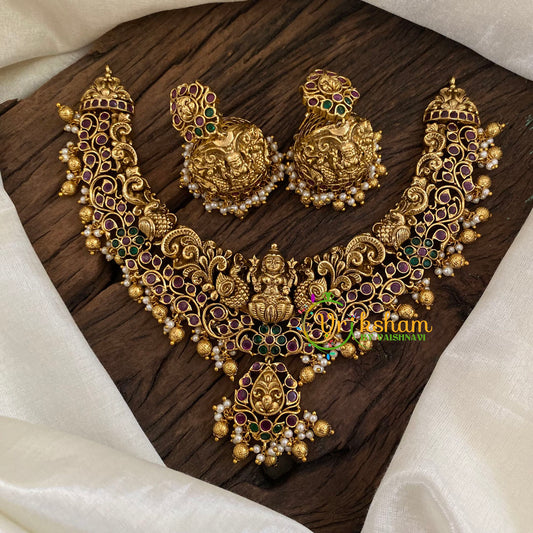 Gold Look Alike AD Stone Lakshmi Pendant Short Neckpiece-Gold bead-G9620