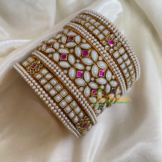 Matt White and Pink Silk Thread Kundan Bridal Bangle-G6225