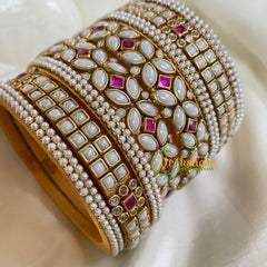 Matt White and Pink Silk Thread Kundan Bridal Bangle-G6225