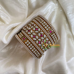 Matt White and Pink Silk Thread Kundan Bridal Bangle-G6225