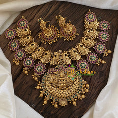 Gold Look Alike Lakshmi Pendant Short Neckpiece-Coin Style-Gold bead-G9625