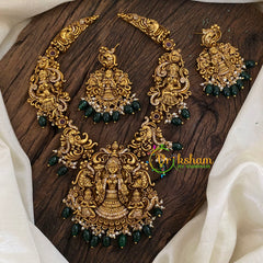 Gold Look Alike Lakshmi Pendant Short Neckpiece-Green bead-G9616