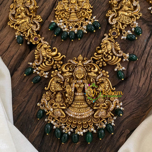 Gold Look Alike Lakshmi Pendant Short Neckpiece-Green bead-G9616