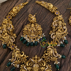 Gold Look Alike Lakshmi Pendant Short Neckpiece-Green bead-G9616