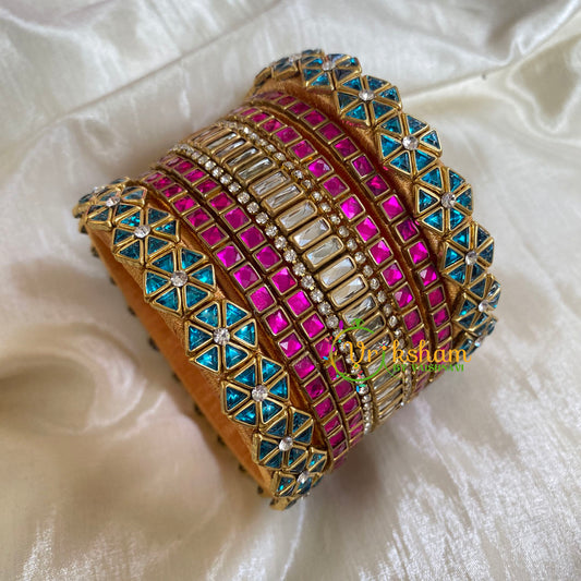 Light Blue Pink Silk Thread Kundan Bridal Bangle-G6218