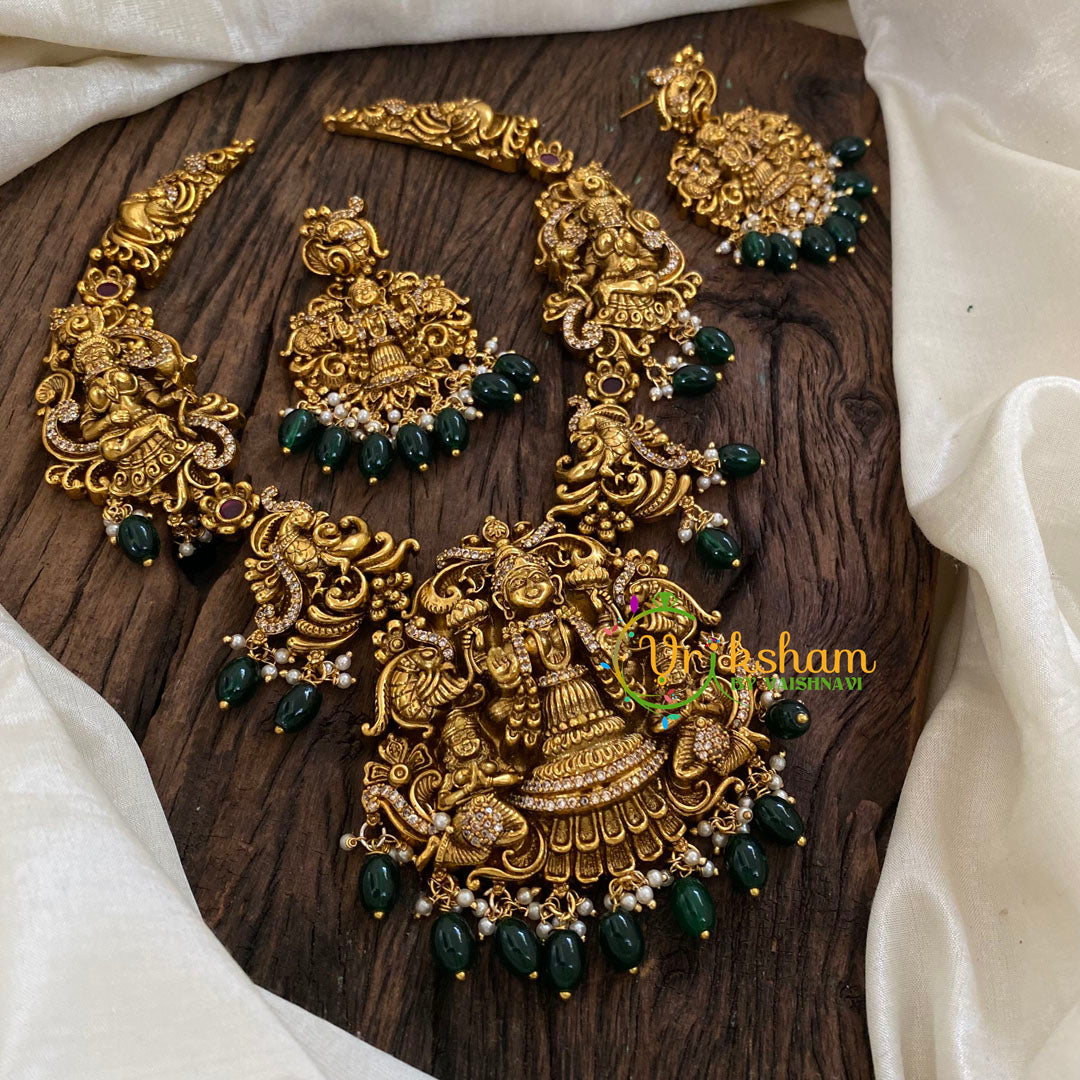 Gold Look Alike Lakshmi Pendant Short Neckpiece-Green bead-G9616