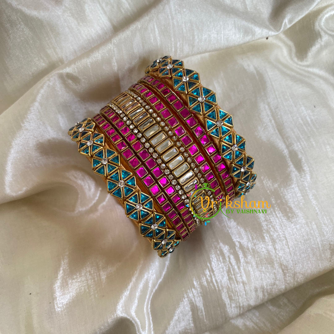 Light Blue Pink Silk Thread Kundan Bridal Bangle-G6218