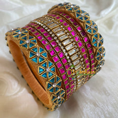 Light Blue Pink Silk Thread Kundan Bridal Bangle-G6218