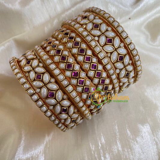 Matt White and Purple Silk Thread Kundan Bridal Bangle-G6217