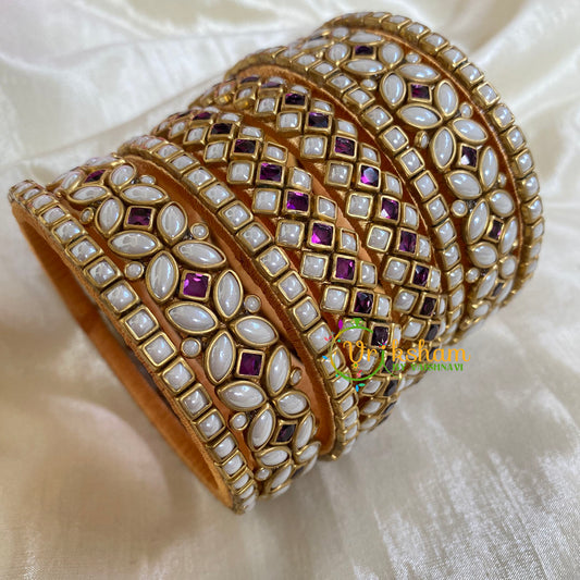 Matt White and Purple Silk Thread Kundan Bridal Bangle-G6217