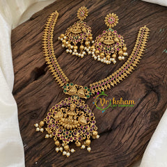 Gold Look Alike Lakshmi Pendant Short Neckpiece-Addigai-Pastel Green bead-G9631