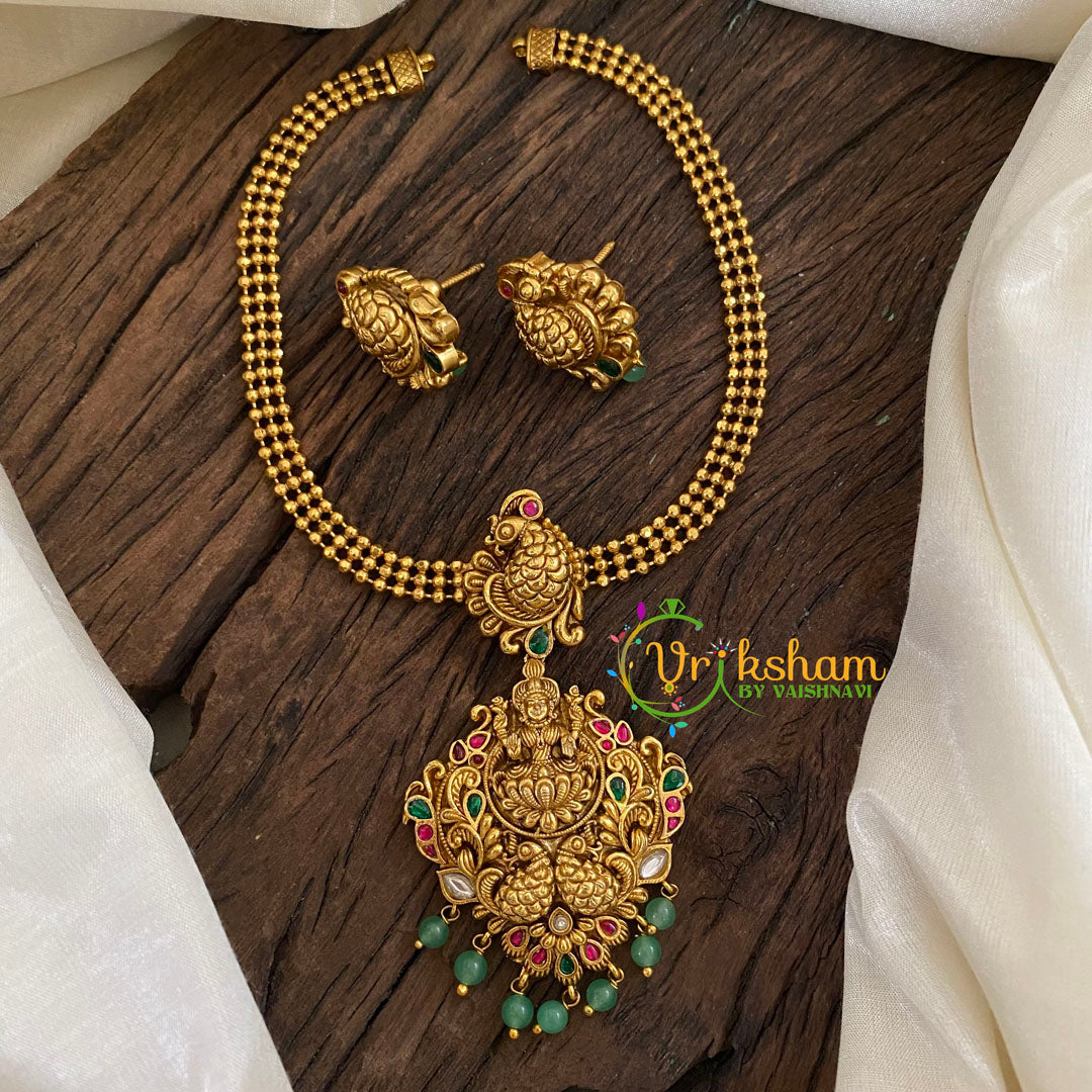 Gold Look Alike Lakshmi Pendant Short Neckpiece-Addigai-Pastel Green bead-G9631