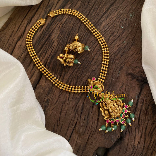 Gold Look Alike Lakshmi Pendant Short Neckpiece-Addigai-Pastel Green bead-G9630