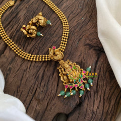 Gold Look Alike Lakshmi Pendant Short Neckpiece-Addigai-Pastel Green bead-G9630