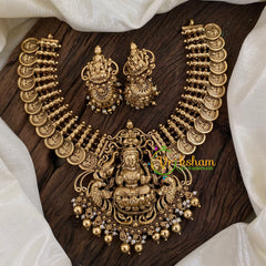 Gold Look Alike Lakshmi Pendant Short Neckpiece-Coin Style-Gold bead and pearl-G9629