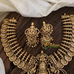 Gold Look Alike Lakshmi Pendant Short Neckpiece-Coin Style-Gold bead and pearl-G9629