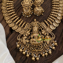 Gold Look Alike Lakshmi Pendant Short Neckpiece-Coin Style-Gold bead and pearl-G9629