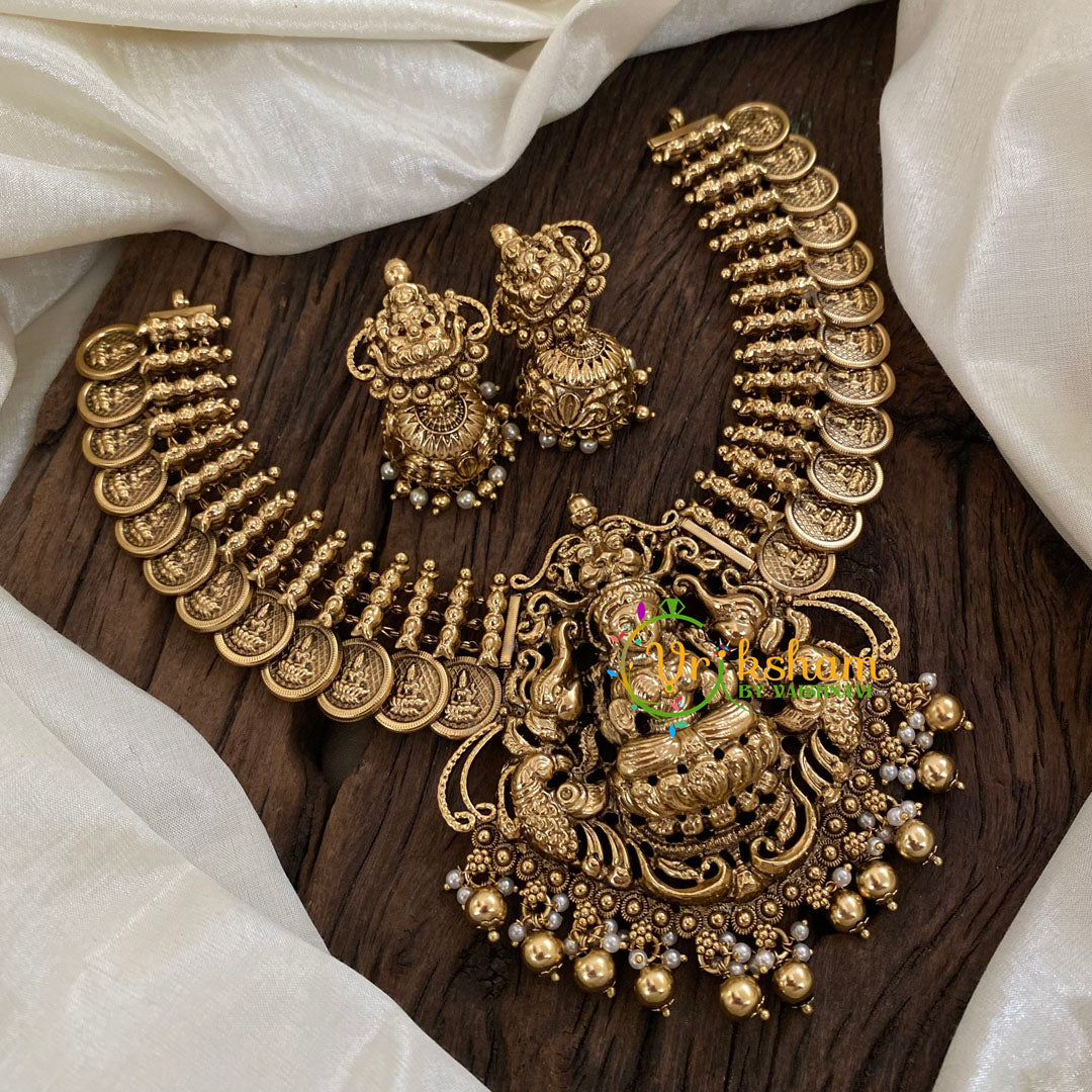 Gold Look Alike Lakshmi Pendant Short Neckpiece-Coin Style-Gold bead and pearl-G9629