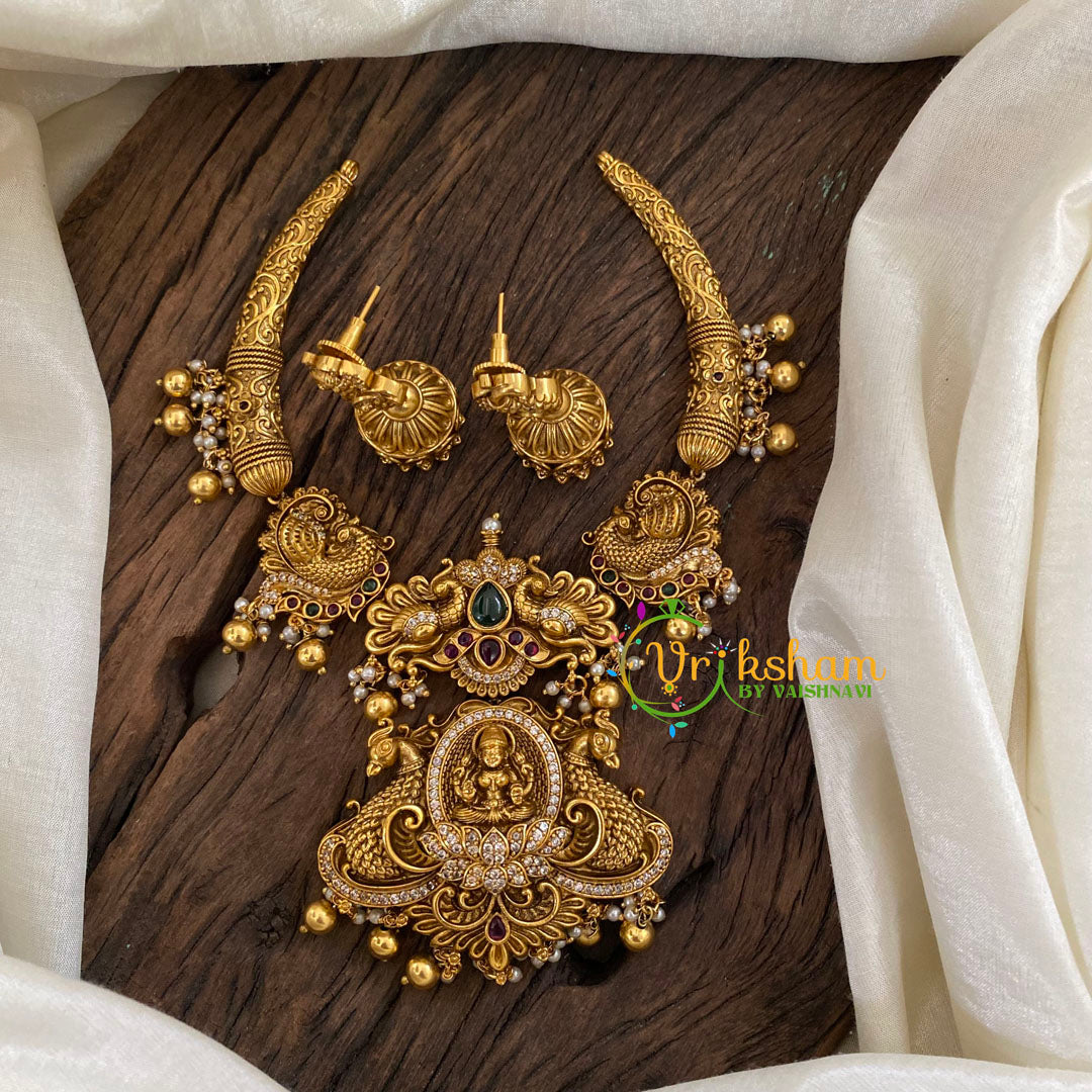 Premium Lakshmi Pendant Short Neckpiece-hasli-Gold bead-G9634