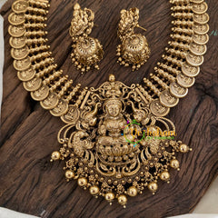 Gold Look Alike Lakshmi Pendant Short Neckpiece-Coin Style-Gold bead-G9635