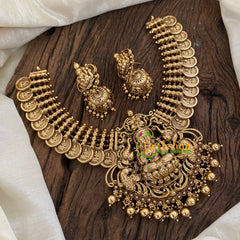 Gold Look Alike Lakshmi Pendant Short Neckpiece-Coin Style-Gold bead-G9635