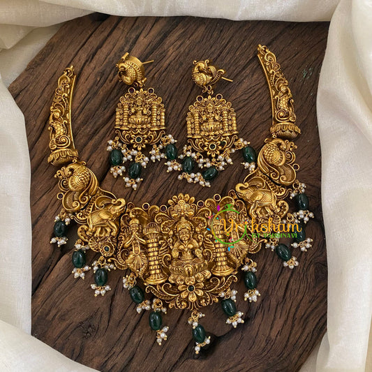 Premium Gold Look Alike Lakshmi Short Neckpiece -Green Bead-G9654