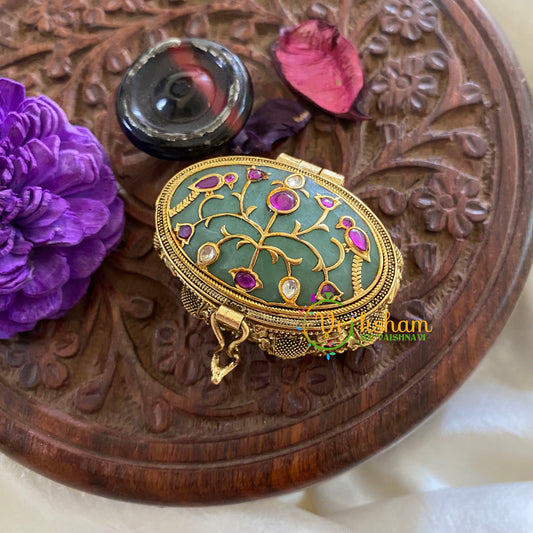 Fancy AD Stone Kumkum Box-Oval-Pastel Green -G7643