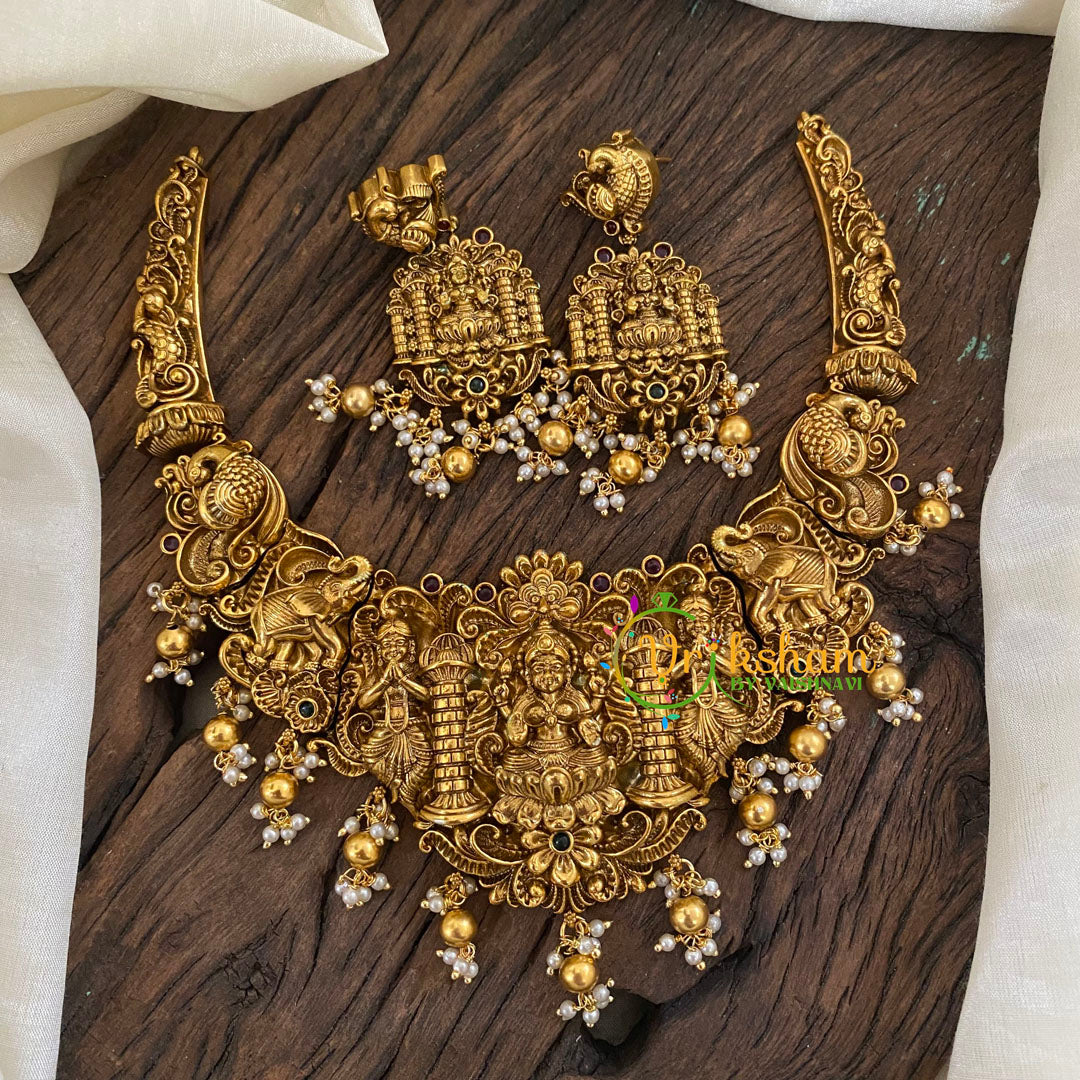 Gold Look Alike Lakshmi Pendant Short Neckpiece-Gold bead-G9633