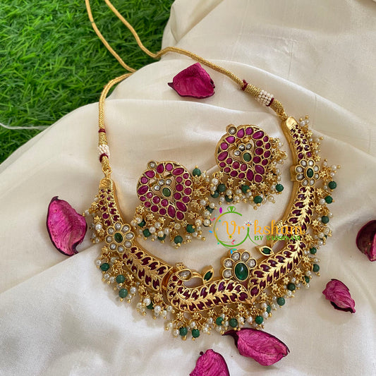 Gold Look Alike Short Neckpiece-Peacock-Green Bead-G5465