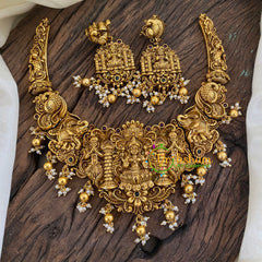 Gold Look Alike Lakshmi Pendant Short Neckpiece-Gold bead-G9633