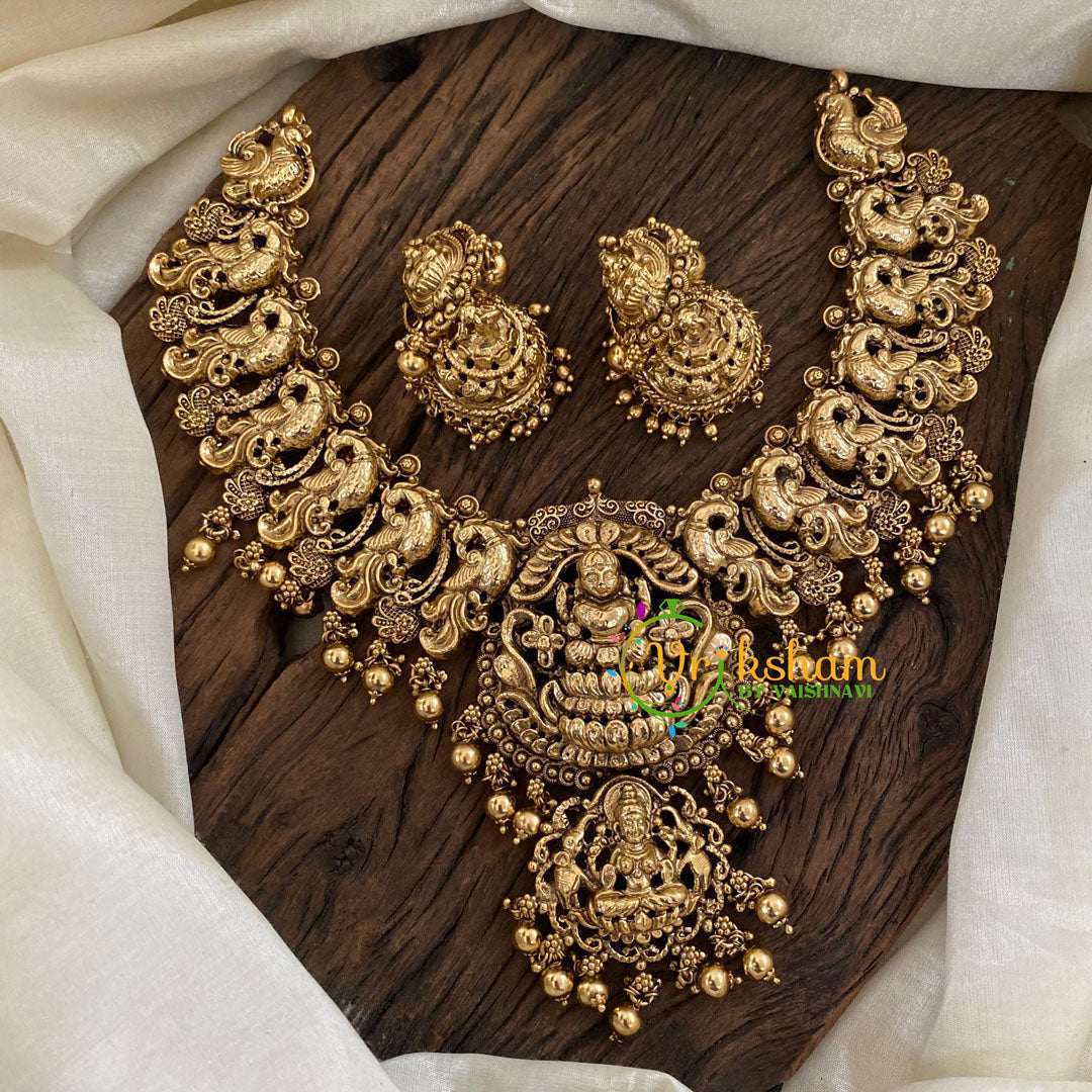 Gold Look Alike Lakshmi Pendant Short Neckpiece-Gold bead-G9637