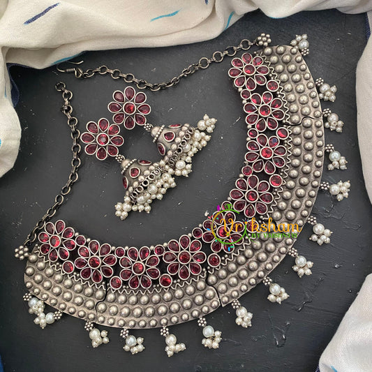 AD Stone Silver look Alike Short Neckpiece-Red-S531