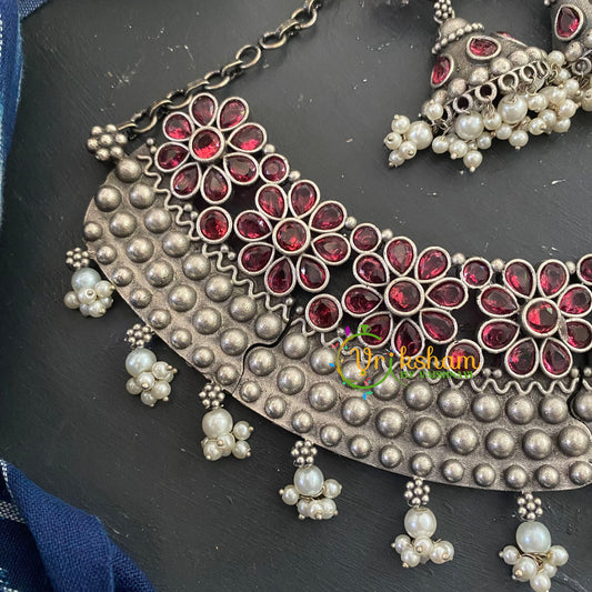 AD Stone Silver look Alike Short Neckpiece-Red-S531