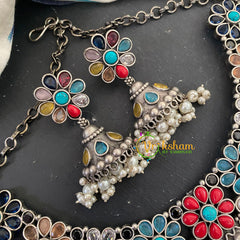 AD Stone Silver look Alike Short Neckpiece-Multicolor-S530