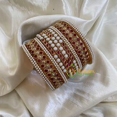 Maroon and White Matt Silk Thread Kundan Bridal Bangle-G6232