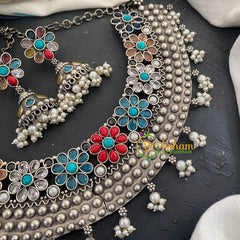 AD Stone Silver look Alike Short Neckpiece-Multicolor-S530