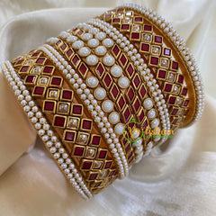 Maroon and White Matt Silk Thread Kundan Bridal Bangle-G6232