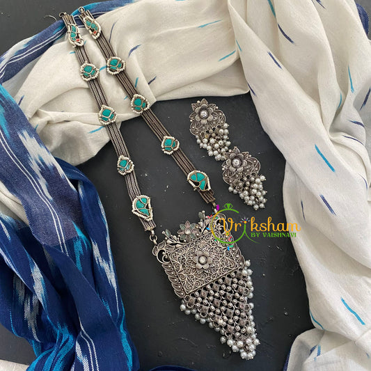 Oxidized German Silver Statement Pendant Neckpiece-Turquoise-S432