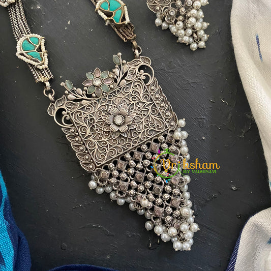 Oxidized German Silver Statement Pendant Neckpiece-Turquoise-S432