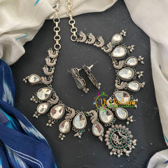 Kundan Silver look Alike Short Neckpiece -Peacock-S525