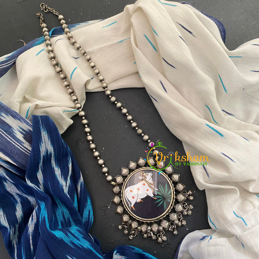 Silver Look Alike Pichwai Painted Pendant Chain Neckpiece-S434