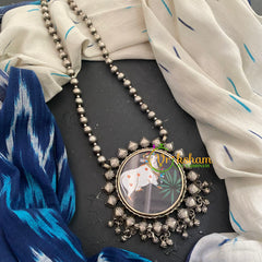 Silver Look Alike Pichwai Painted Pendant Chain Neckpiece-S434