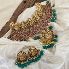 Gold Look Alike Lakshmi Choker Short Neckpiece-Green bead-G9611